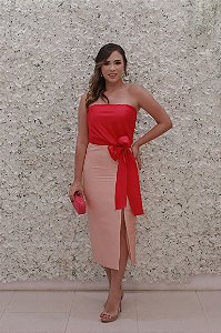 VESTIDO MIDI PINK E ROSA COM LAÇO NA CINTURA COM FENDA
