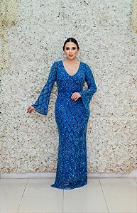 VESTIDO AZUL PETRÓLEO TODO BORDADO COM MANGA FLARE