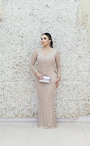 VESTIDO NY BERENICE NUDE COM BORDADO PRATA DE MANGAS