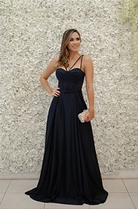 VESTIDO AZUL MARINHO CORSELET LONGO COM DECOTE TIRAS