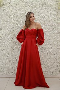 VESTIDO VERMELHO MARSALA TOMARA QUE CAIA COM MANGA BUFANTE REMOVÍVEL