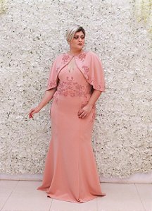 VESTIDO PS ROSA CHÁ COM BORDADOS NA CINTURA E MANGA CASAQUETO REMOVÍVEL
