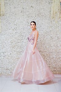 VESTIDO SALMÃO ORGANZA COM BUSTO BORDADO