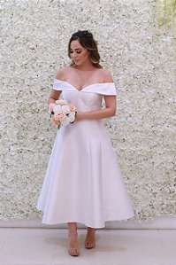 VESTIDO OMBRO A OMBRO OFF WHITE BRANCO COSH MIDI EM ZIBELINE