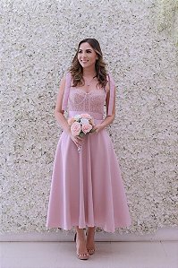 VESTIDO AURORA ROSE MIDI COM LAÇO NAS ALÇAS CORSELET RENDA