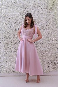 VESTIDO AURORA ROSE MIDI COM LAÇO NAS ALÇAS CORSELET RENDA