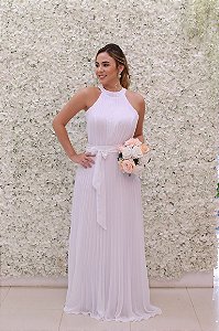 VESTIDO LONGO FRENTE ÚNICA DETALHE LATERAL TULE BRANCO OFF WHITE PLISSADO