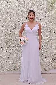 VESTIDO LONGO DECOTE BRANCO OFF WHITE COM ALCINHA PLISSADO