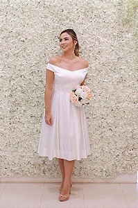 VESTIDO MIDI BRANCO SEDA OMBRO A OMBRO PRINCESA