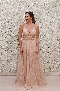 VESTIDO ROSA BEBÊ MARIE EM RENDA COM TIRAS BORDADAS