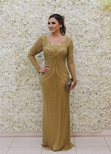 VESTIDO DOURADO NY MANGAS TODO BORDADO EM TULE
