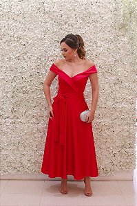 VESTIDO MIDI LOR VERMELHO CEREJA COM CINTO FIXO OMBRO A OMBRO
