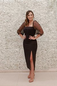 VESTIDO MIDI PRETO MANGA BUFANTE ORGANZA LOR