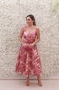 VESTIDO MIDI ESTAMPA CETIM E ORGANZA ROSE E LAVANDA LOR