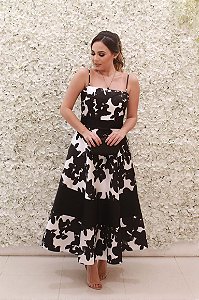 VESTIDO MIDI PRETO E BRANCO FLORAL MARRÔ