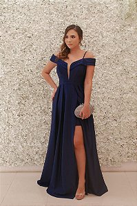VESTIDO AZUL MARINHO BABI OMBRO A OMBRO FENDA COM CORSELET NAS COSTAS