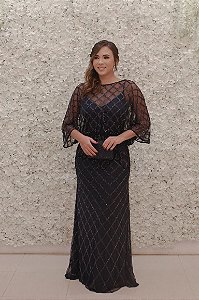 VESTIDO PS AZUL MARINHO BLUSADO MORCEGO TODO BORDADO EM TULE IMPORTADO