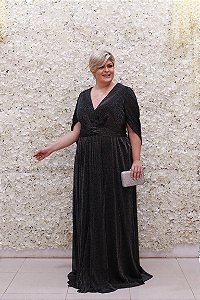 VESTIDO PS PRETO EM LUREX METALIZADO MANGA CAPA