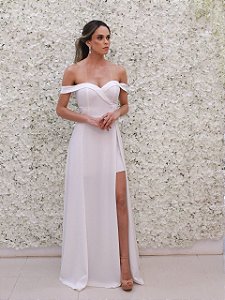 VESTIDO LONGO BRANCO OFF WHITE OMBRO A OMBRO FENDA DUPLA