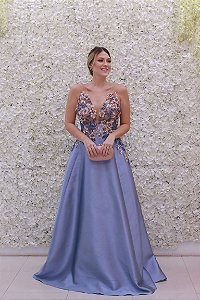 VESTIDO AZUL PETRÓLEO COM BUSTO BORDADO EM FLORES 3D CORAL