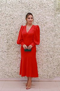 VESTIDO MIDI VERMELHO CEREJA MANGAS EM CREPE