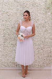 VESTIDO MIDI BRANCO CORSELET EM RENDA E ALÇAS EM TULE BABADO