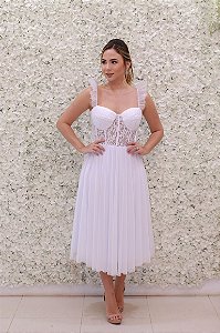 VESTIDO MIDI BRANCO CORSELET EM RENDA E ALÇAS EM TULE BABADO