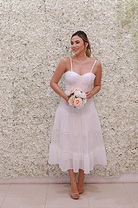 VESTIDO MIDI BRANCO ALCINHA E BUSTO CORSELET E  SAIA COM DETALHE EM RENDA