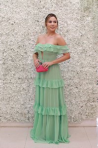 VESTIDO VERDE MINT OMBRO A OMBRO FOLHOS E SAIA EM CAMADAS