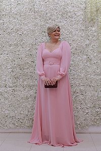 VESTIDO LONGO ROSA CHÁ PS MANGA LONGA DECOTE CORAÇÃO FLUIDO