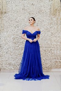 VESTIDO AZUL BIC LIA RABELO EM TULE OMBRO A OMBRO COM CORSELET E DRAPEADO