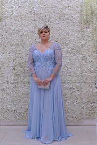 VESTIDO PS AZUL SERENITY MANGAS COM BUSTO BORDADO E SAIA FLUIDA
