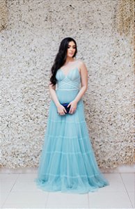 VESTIDO LIA RABELLO AZUL TIFFANY EM TULE COM DETALHES BORDADOS