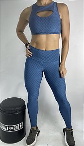 Legging World Petróleo  / Calça Cirrê Azul Trabalhado / Cós Alto