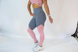 Calça Legging Cinza e Rosa Suplex / Cintura Alta