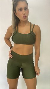 Short Corrida Feminino Cirrê Verde Militar com Bolsos / Cintura Alta
