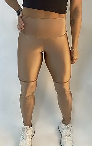 Calça Legging Marrom Claro / Dourado Cirrê / Cintura alta / Zíper na coxa