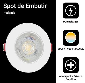 Spot LED Embutir Direcionável Redondo 5W Bivolt 6500K Branco Frio Bivolt 9cmX2.5cmX9cm