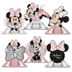 6 Enfeite Display Decoração De Mesa Festa Minnie Mouse Rosa