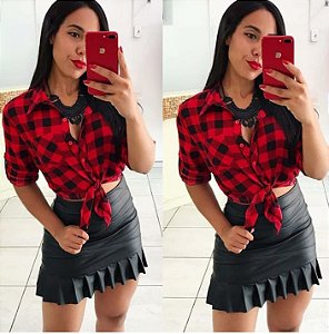 VERMELHO XADREZ Short Saia Bengaline Cintura Alta Com Zíper