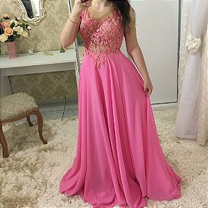 VESTIDO ROSA CHICLETE TULE E RENDA SOB CVBS7GYYZ