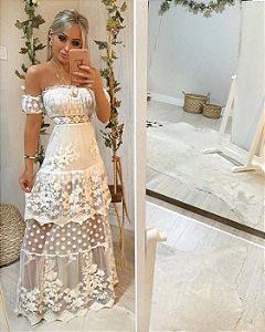 Vestido noiva civil Aurora rendado com transparência em tule