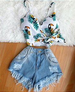 CONJUNTO CROPPED ESTAMPA TROPICAL SHORT JEANS SOB M79NRT9JE - vendemos  varejo e atacado, produzimos também sob medida o modelo que você escolher.