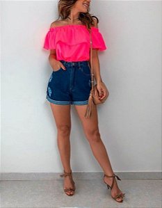 BLUSA NEON OMBRO A OMBRO COM BABADO CORAL S VKQ9RF7BA - vendemos varejo e  atacado, produzimos também sob medida o modelo que você escolher.