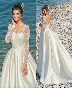 Vestido de Noiva Princesa, Decote Profundo, Apliques de Renda 3d, Saia em  Mescla de Saia de Tule e Renda com Brilho Delicado | Roupa de Casamento