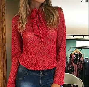 BLUSA GRAVATINHA DE RENDA MANGA LONGA VERMELHA S R7YBSXM2S