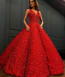 VESTIDO COM APLICAÇÕES EM FLORES 3D VERMELHO SOB NLZZ3KSVS - vendemos  varejo e atacado, produzimos também sob medida o modelo que você escolher.