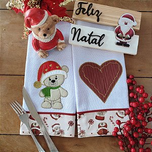 NATAL - KIT 2 PANOS DE PRATO BORDADO, URSO CORAÇÃO 65X44CM