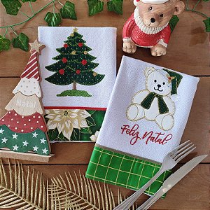 NATAL - KIT 2 PANOS DE PRATO, URSO/ARVORE 65X44CM