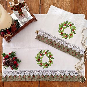 NATAL - KIT ROSTO E LAVABO BORDADO - GUIRLANDA CAFÉ